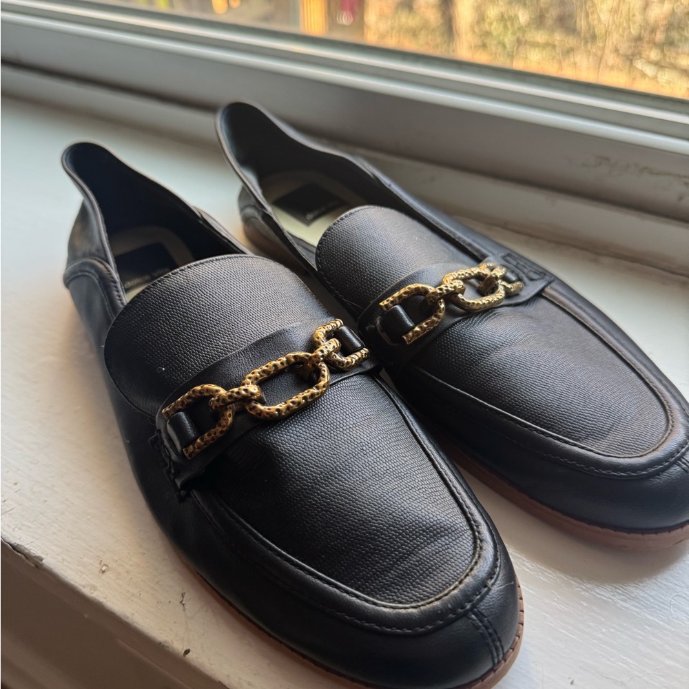 Dolce Vita Black Leather Loafers with Gold Chain